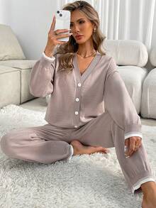 1 Bộ đồ ngủ và áo khoác màu trơn thanh lịch & thời trang cho nữ - Màu Khaki - Xem 3