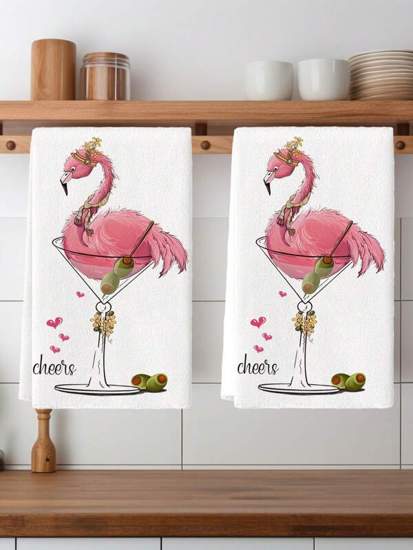 2 Pcs Watercolor Pink Flamingo Kitchen Towels Dish Towels Kitchen Drying Washing And Drying Dishes