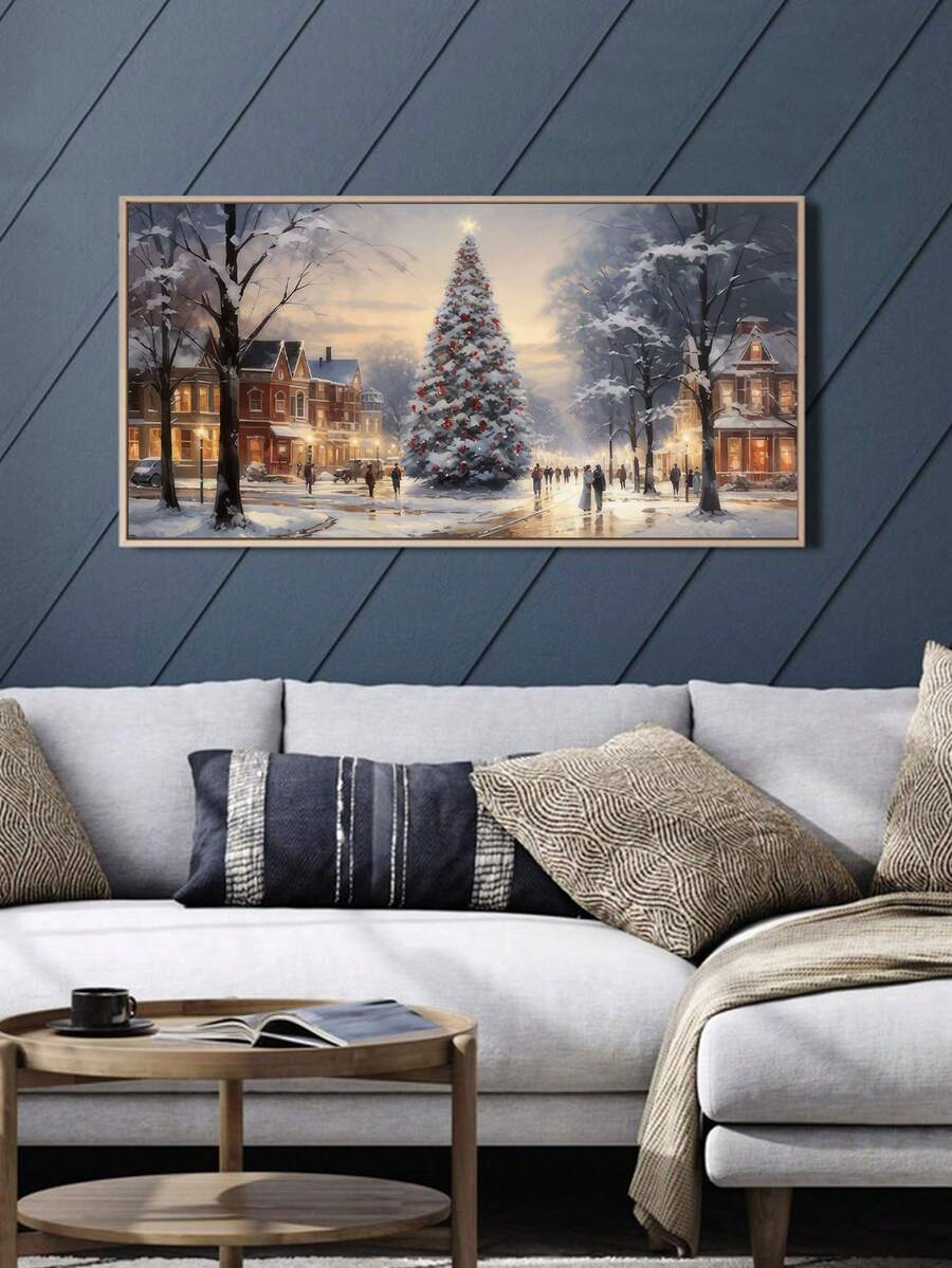 1pc Christmas Canvas Print Poster, Santa Claus With Sleigh Reindeer