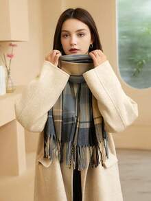 1 chiếc khăn choàng cổ cashmere giả dày thanh lịch cổ điển dành cho nữ, khăn choàng tua rua ấm áp và chống gió, phù hợp cho mọi dịp đông thu - Cà phê nâu - Xem 7