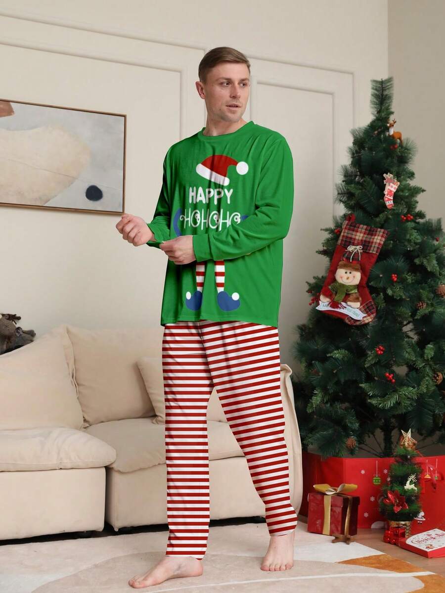 2pcs Men's Christmas Pajama Set, Cartoon Mini Man Print, Long Sleeve