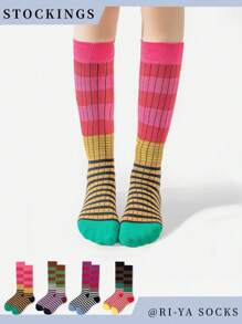1/2/4/6 Pairs Random Autumn/Winter Styles, Multicolor Gradient Striped Socks, Slimming Leg, Fitted Calf Socks, Fashion Versatile, Suitable For Outdoor Sports, Fitness, Campus Daily Wear, Soft Comfortable Breathable, Odor-Resistant Warm, Slimming Women Calf Socks, Long Socks, Comfortable Warm - Multicolor - View 2
