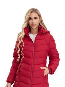 Long Sleeve Pleated Hooded Jacket Coat With Pockets - Red - View 6