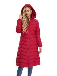 Long Sleeve Pleated Hooded Jacket Coat With Pockets - Red - View 5