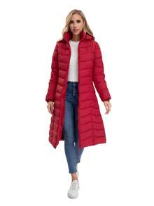 Long Sleeve Pleated Hooded Jacket Coat With Pockets - Red - View 3