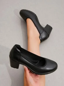 Women's Chunky Round Toe Low Block Heels Pumps Closed Toe Comfortable Elegant Work Dress Shoes With Arch Support - màu đen - Xem 4