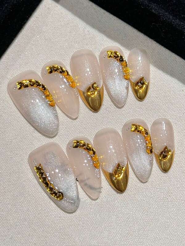 10pcs Gold Shiny French Cat Eye Nail Tips, Elegant Look Suitable For Party Dress, High-Quality Handmade Fake Nails With Press-On Application