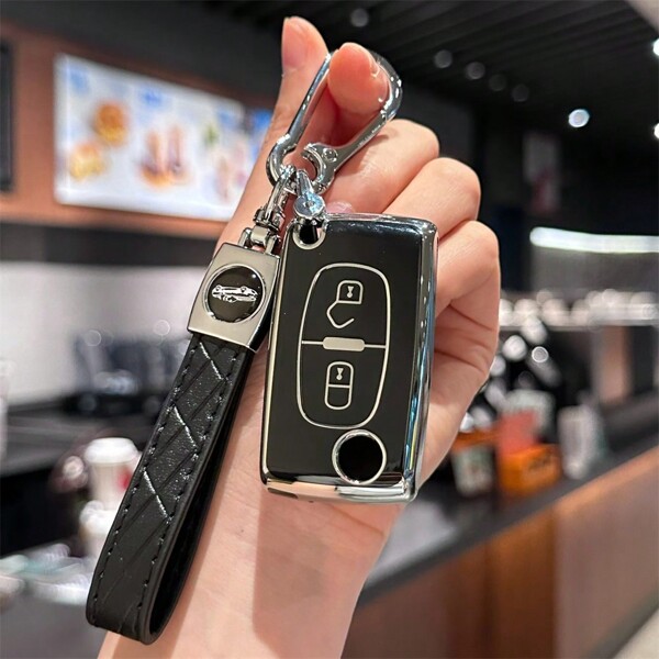 Couvercle de porte-clés de voiture pour Peugeot 207 307 308 407 408 3008 5008 Citroën C2 C3 C4 C5 C6 C8 - Sac-cadeau accessoire de voiture à 2 boutons pour souvenirs et école