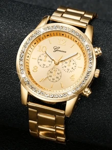 Women's Steel Strap Fashion Diamond Three-Eye Digital Dial Quartz Watch Combination Set (2pcs/Set)