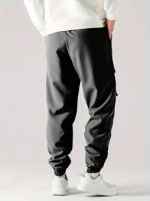 Pantalones cargo casuales y con estampado de letras para hombre con cintura con cordón y pierna entallada - Gris - Ver 3