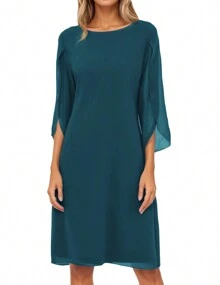 Elegant Chiffon Straight Dress Crew Neck Flutter Split Sleeve Party Wedding Cocktail Midi Dress, Woman's Clothing - 青碧色 - 查看 6