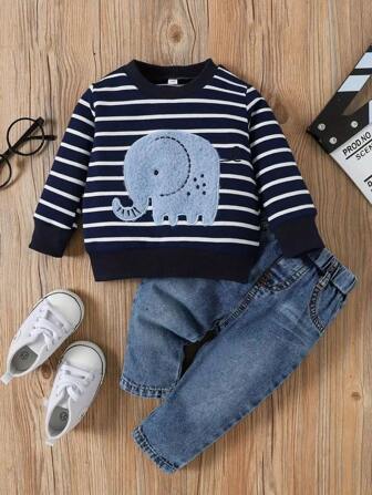 Conjunto de top de manga larga con cuello redondo y jeans con bordado de elefante para niños pequeños, de estilo casual y elegante, para primavera/otoño/invierno