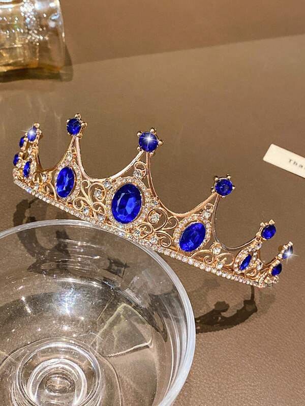 Royal Blue Crystal Crown Tiara, Luxury Princess Crown Headband, Birthday Gift For Girls