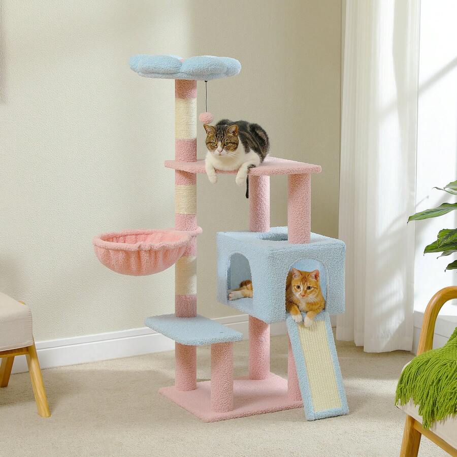 Torre para gatos de 47.2" con múltiples niveles, postes rascadores cubiertos de sisal, condo acogedor para gatos pequeños y medianos, con cima en forma de flor, rampa y bola esponjosa, color azul (prohibido, no se puede enviar los fines de semana) - Multicolor - Ver 1