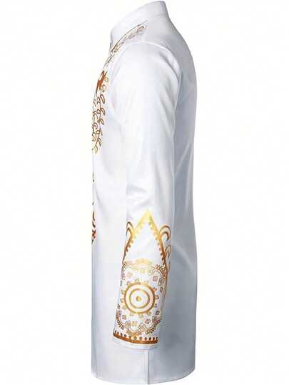 2pcs Men's Set - Foil Print Collar Long Sleeve Shirt And Solid Color Long Pants