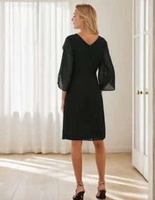 Elegant Chiffon Straight Dress Crew Neck Flutter Split Sleeve Party Wedding Cocktail Midi Dress, Woman's Clothing - màu đen - Xem 2