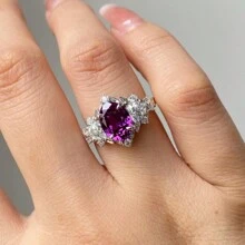 1 件奢华银金属订婚戒指，镶有锆石，适合女性的求婚派对珠宝周年纪念礼物 - 紫色 - 查看 8