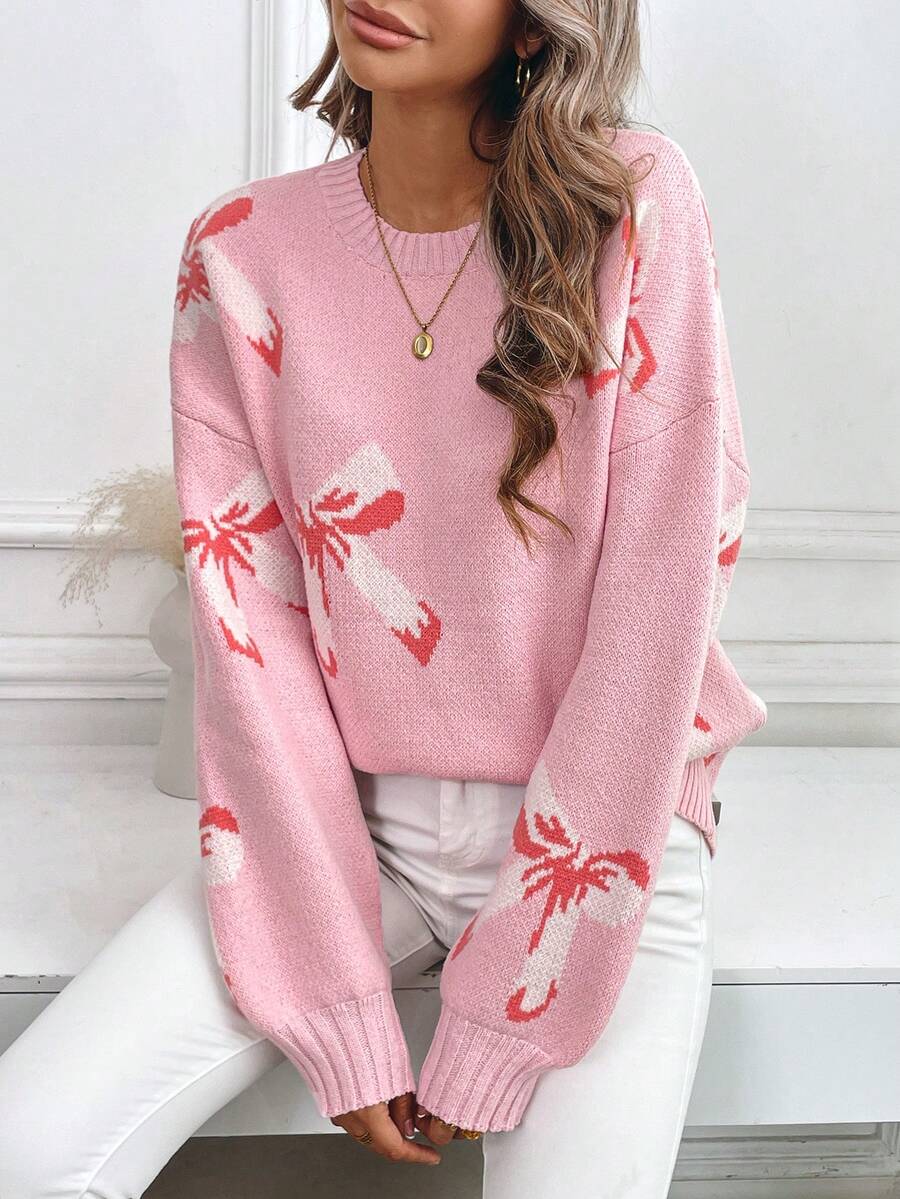 Suéter de cuello redondo de punto elegante con lazo para mujeres - Rosa - Ver 1