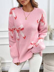 Suéter de cuello redondo de punto elegante con lazo para mujeres - Rosa - Ver 6
