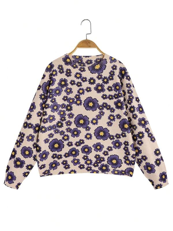 Suéter casual de malha com estampa floral roxa e manga comprida para mulheres