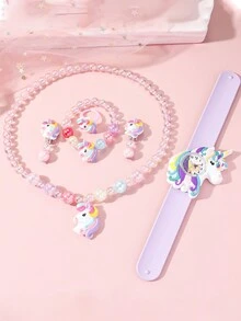 Bộ 6 chiếc đồng hồ đeo tay hình kỳ lân 3D thời trang cho trẻ em, mặt số Ả Rập, màu Macaron + Vòng tay ngựa con, thích hợp làm quà tặng sinh nhật, Halloween, Giáng sinh - Màu tím - Xem 3