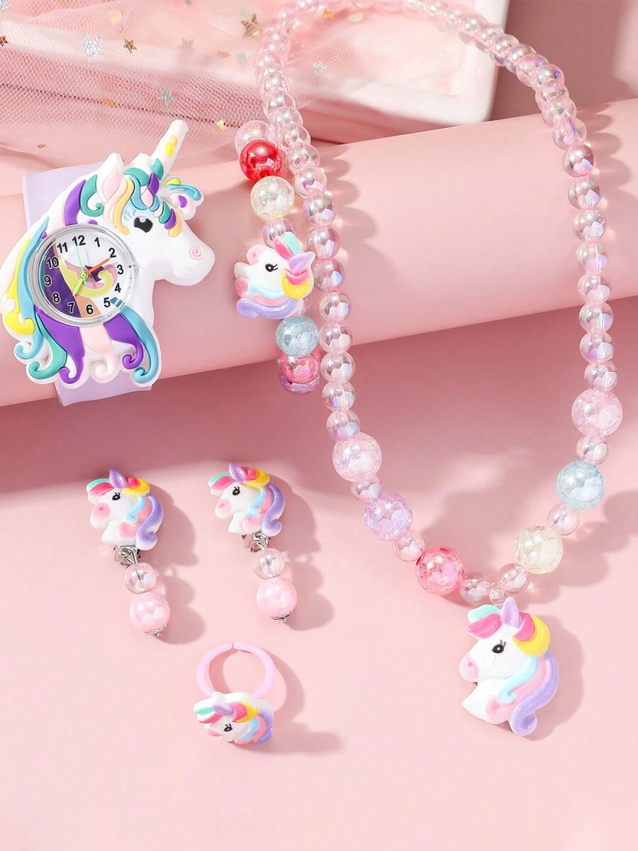 Bộ 6 chiếc đồng hồ đeo tay hình kỳ lân 3D thời trang cho trẻ em, mặt số Ả Rập, màu Macaron + Vòng tay ngựa con, thích hợp làm quà tặng sinh nhật, Halloween, Giáng sinh - Màu tím - Xem 1