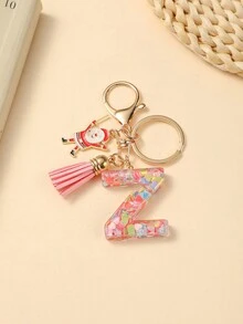 1pc Christmas Santa Claus Key Chain With Alphabet Resin Charm & Butterfly Tassel, For Girls - Pink - View 29