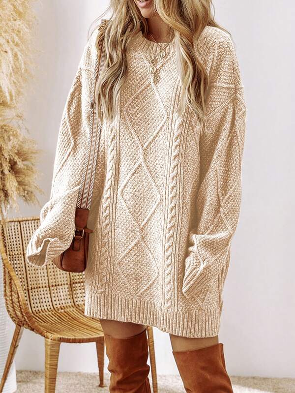 Acelitt Oversized Apricot Solid Color Knitted Textured Pattern Dropped Shoulder Sweater Dress For Women, Autumn/Winter