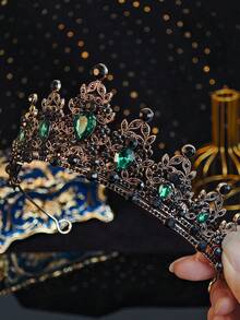 1pc Queen Crown & Headpiece Princess Crown, Crystal Headpiece Suitable For Women & Girls, Ideal For Brides, Princesses To Wear At Weddings & Parties - Dark Green - View 7