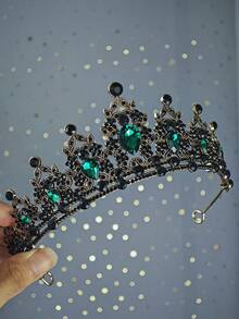 1pc Queen Crown & Headpiece Princess Crown, Crystal Headpiece Suitable For Women & Girls, Ideal For Brides, Princesses To Wear At Weddings & Parties - Dark Green - View 11