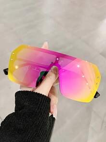 1 件一体式大镜子带双铆钉时尚眼镜涂层趋势个性化适合户外骑行、运动休闲眼镜时尚基础款秋冬女士服装商务休闲礼品 Y2k - 紫紅鍍膜 - 查看 2