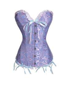 Corset Tops For Women Lace Up Boned Overbust Bustier Lingerie Bodyshaper Top - Blue - View 3