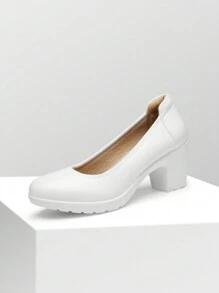 Women's Chunky Round Toe Low Block Heels Pumps Closed Toe Comfortable Elegant Work Dress Shoes With Arch Support - White - View 5