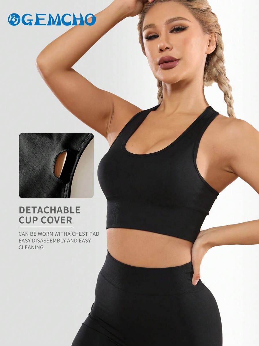 GEMCHO Women's Solid Color Breathable Vest And Lightweight Peach Buttocks Shorts Fitted With Body Building Yoga Exercise Set Sports Set Workout Set Workout Sets Airport Outfit - Black - View 1
