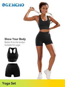GEMCHO Women's Solid Color Breathable Vest And Lightweight Peach Buttocks Shorts Fitted With Body Building Yoga Exercise Set Sports Set Workout Set Workout Sets Airport Outfit - Black - View 4