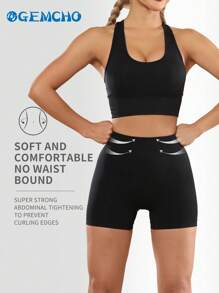 GEMCHO Women's Solid Color Breathable Vest And Lightweight Peach Buttocks Shorts Fitted With Body Building Yoga Exercise Set Sports Set Workout Set Workout Sets Airport Outfit - Black - View 2