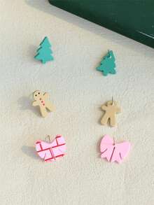 3 Cặp bông tai đinh tán bằng Acrylic hình bánh quy Giáng sinh, cây thông Noel và vòng hoa Giáng sinh, họa tiết gốm sứ, phụ kiện tiệc ngày lễ - Nhiều màu - Xem 8
