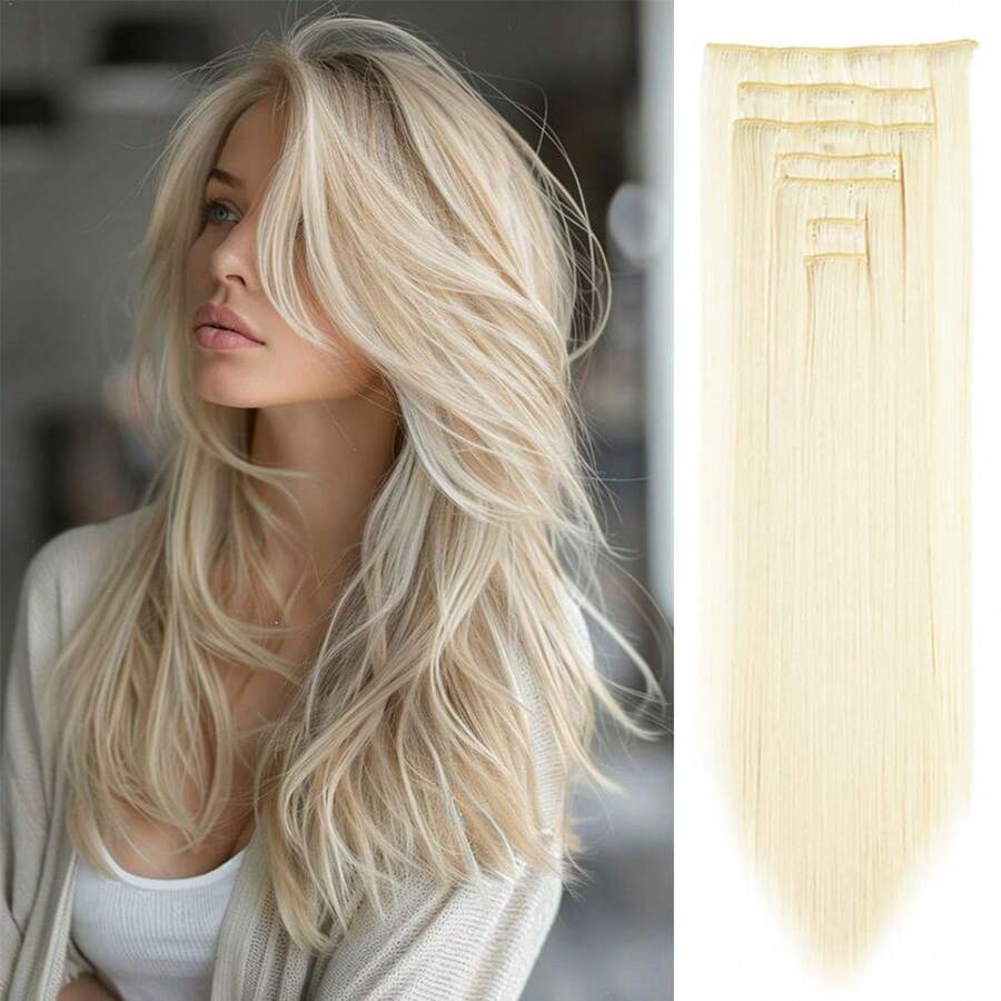 Tóc giả kẹp tổng hợp, Tóc giả sóng dài 22 inch, Tóc giả dày tự nhiên - Màu be - Xem 1