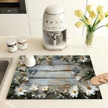 1 pieza Felpudo de secado con diseño de madera, flores y mariposas, de material de diatomeas suave, absorbente y antideslizante para máquinas de café, alfombrillas para mascotas, cubiertas para lavadora, cubiertas antipolvo, decoración de mesa de comedor, artículos de cocina