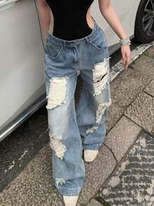 Distressed Wide Leg High Waist Loose Straight Jeans For Women, Versatile - Medium Wash - View 1