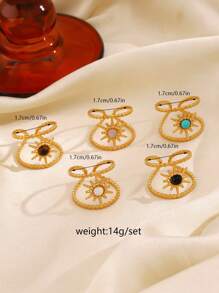 1 件不锈钢时尚简约镶嵌八角星绿松石/黑曜石/虎眼石/玛瑙戒指，奢华珠宝，适合女士派对佩戴，圣诞节 - 金黃色 - 查看 8