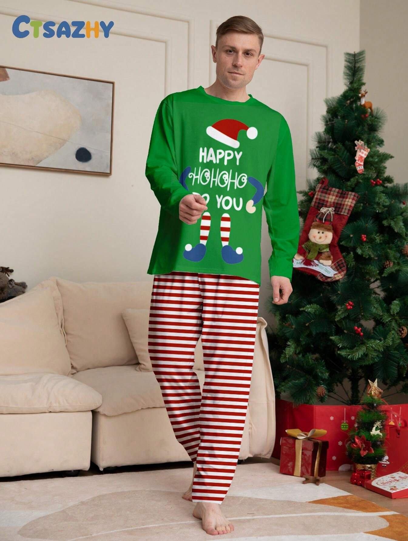 2pcs Men's Christmas Pajama Set, Cartoon Mini Man Print, Long Sleeve