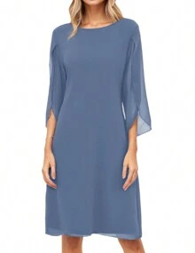Elegant Chiffon Straight Dress Crew Neck Flutter Split Sleeve Party Wedding Cocktail Midi Dress, Woman's Clothing - 藍色 - 查看 6