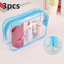 Bộ 3 túi khóa kéo bằng PVC trong suốt, túi đựng đồ đa năng dùng cho phòng tắm/phòng ngủ/phòng khách, màu xanh/vàng/hồng, S/M/L - Màu Hồng Tươi - Xem 5