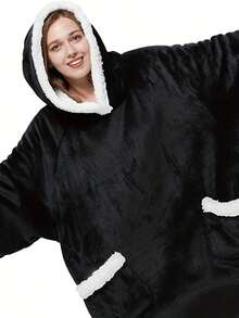 Plus Size Casual Lounge Robe, Women's Plus Flannel Long Sleeve Winter Oversized Hooded Wearable Fleece Blanket With Pockets - Black - View 3