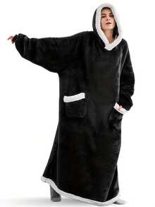 Plus Size Casual Lounge Robe, Women's Plus Flannel Long Sleeve Winter Oversized Hooded Wearable Fleece Blanket With Pockets - Black - View 1