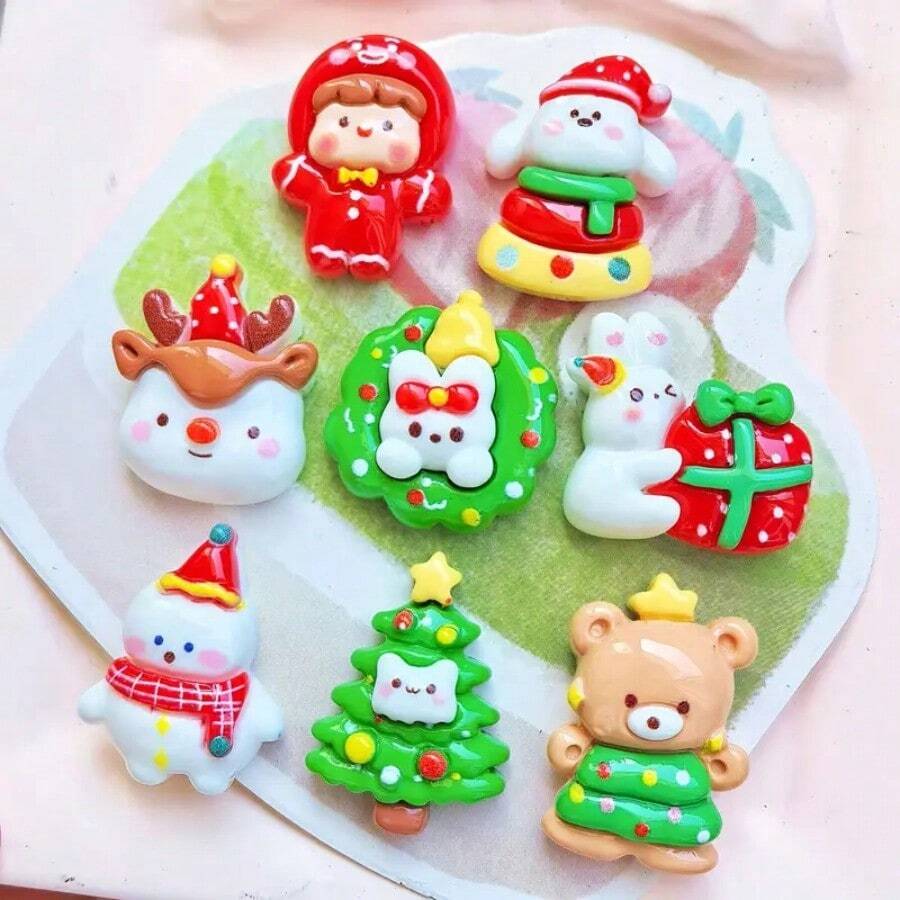 8 件圣诞树脂装饰品套装 - 节日主题迷你装饰品，包括圣诞老人、驯鹿、熊和朋友 - 手工制作、珠宝制作和节日装饰工艺品 - 适合室内和室外使用 - 彩色 - 查看 1
