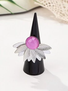 1 套/3 件 2024 时尚金属叶嵌入式仿珍珠亚克力戒指、耳环和项链首饰套装，女士个性化配饰，适合宴会、派对和日常佩戴 - 銀色樹葉首飾 - 查看 33