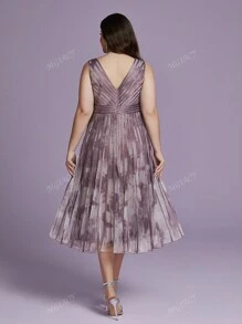 Vestido formal plus size com decote em V, sem mangas, estampado, malha transparente, vestido de festa, vestido de convidado de casamento, vestido de noite