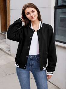 Women's Lightweight Baseball Jacket - Versatile Stitching Fabric Outerwear With Multi-Fabric Options And Unique Patterns - Black - View 2